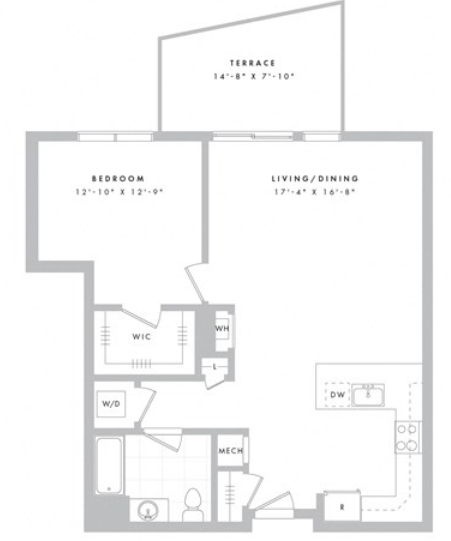 Floor plan for 1 bed, 1 bath, 862 sqft